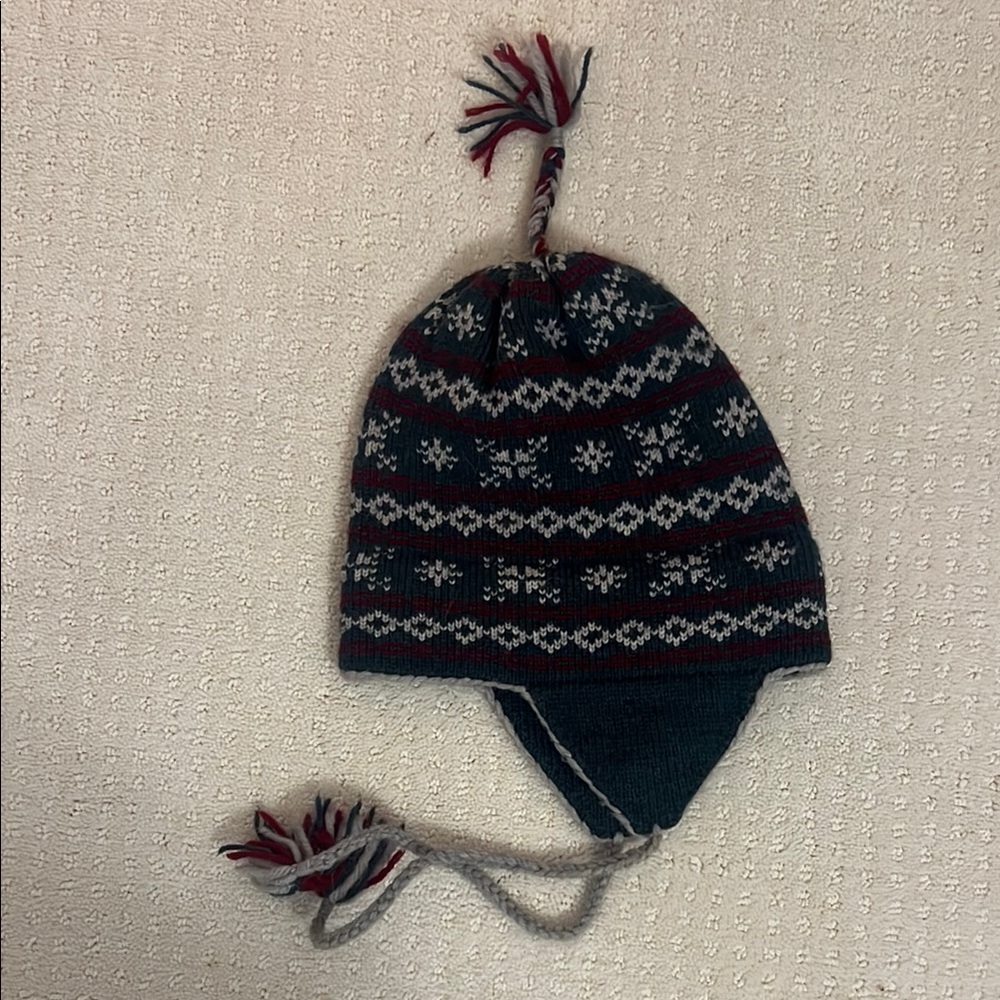 Red and White Knitted Beanie with Earflaps and Pom-pom